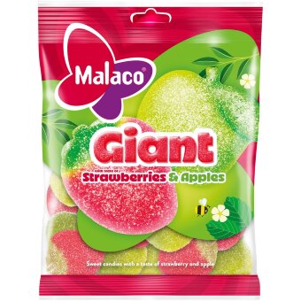 Жевательные конфеты Malaco Giant Strawberries and Apples 180 гр Жевательные конфеты Malaco Giant Strawberries and Apples 180 гр